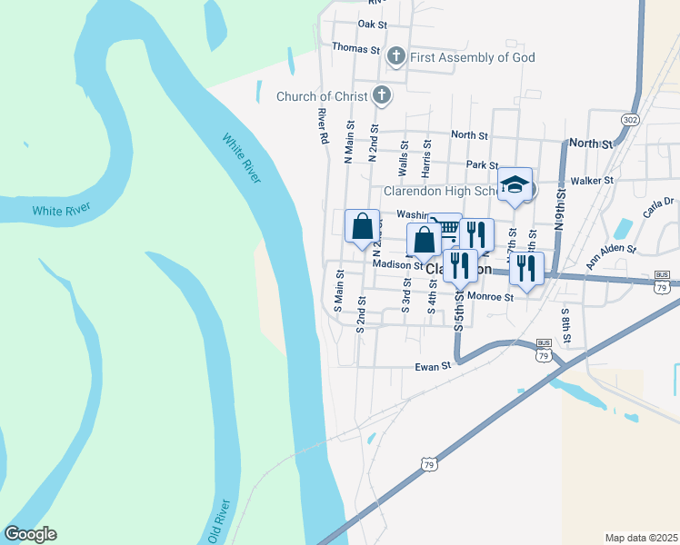 map of restaurants, bars, coffee shops, grocery stores, and more near Court Street in Clarendon