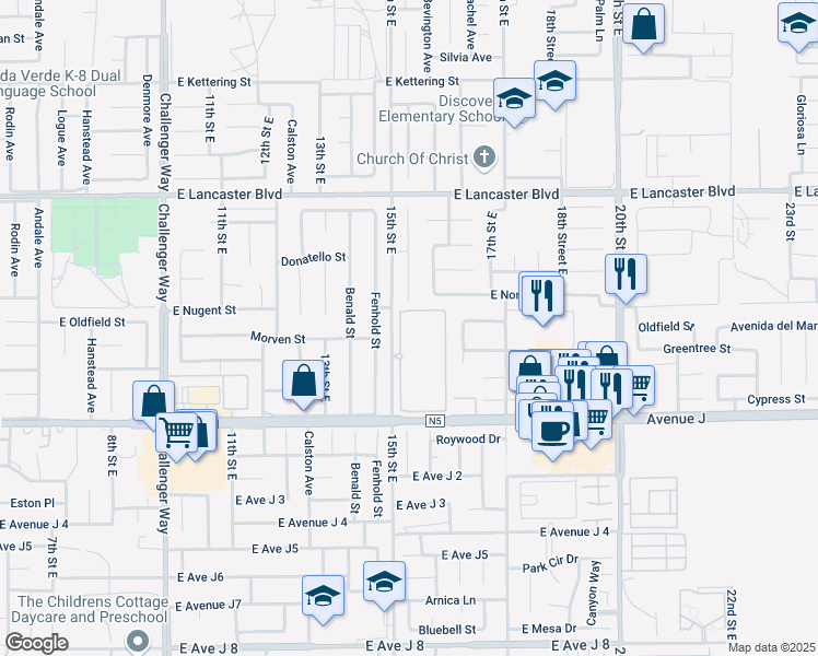 map of restaurants, bars, coffee shops, grocery stores, and more near 44514 15th Street East in Lancaster