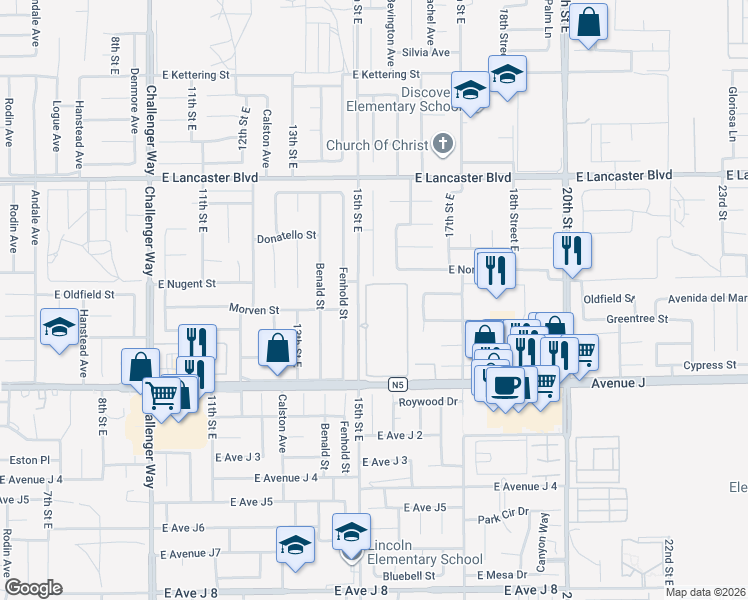 map of restaurants, bars, coffee shops, grocery stores, and more near 44526 15th Street East in Lancaster