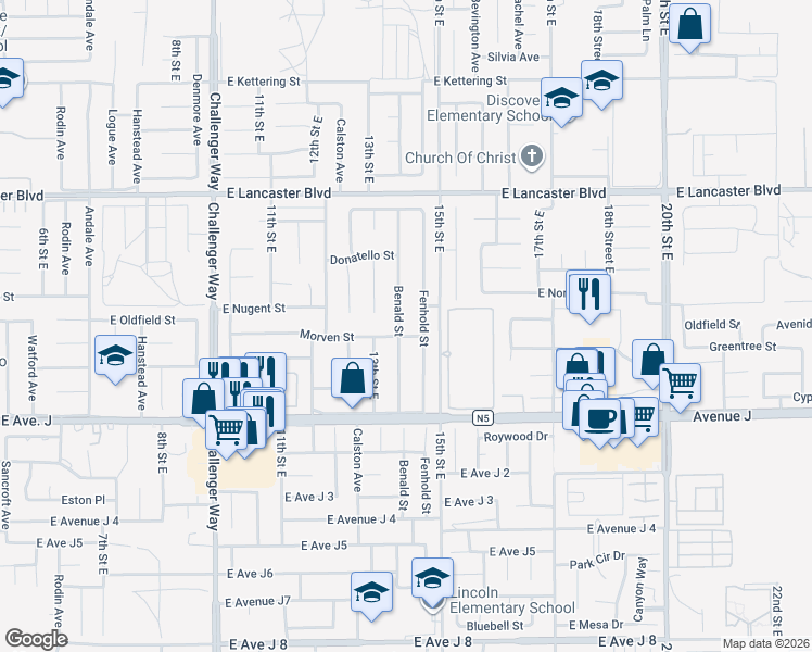 map of restaurants, bars, coffee shops, grocery stores, and more near 44536 Benald Street in Lancaster