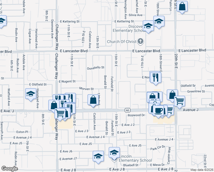 map of restaurants, bars, coffee shops, grocery stores, and more near 44536 Benald Street in Lancaster