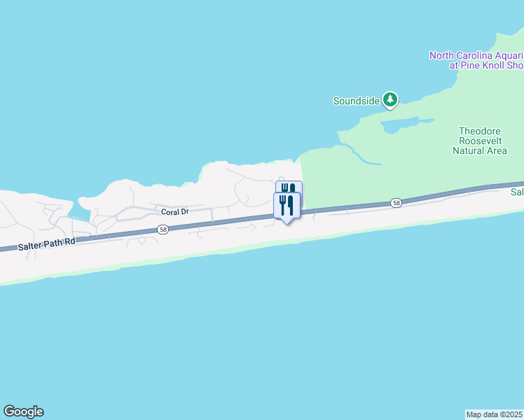 map of restaurants, bars, coffee shops, grocery stores, and more near 523 Egret Lake Drive in Pine Knoll Shores