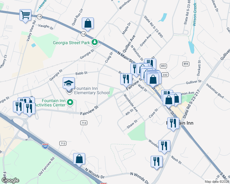 map of restaurants, bars, coffee shops, grocery stores, and more near 107 1st Street in Fountain Inn