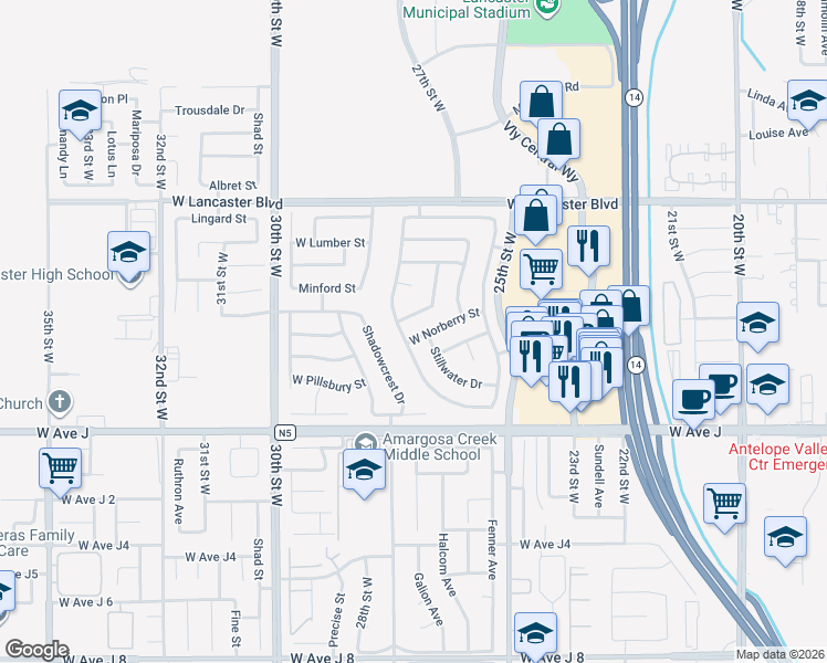 map of restaurants, bars, coffee shops, grocery stores, and more near 44535 Overland Avenue in Lancaster