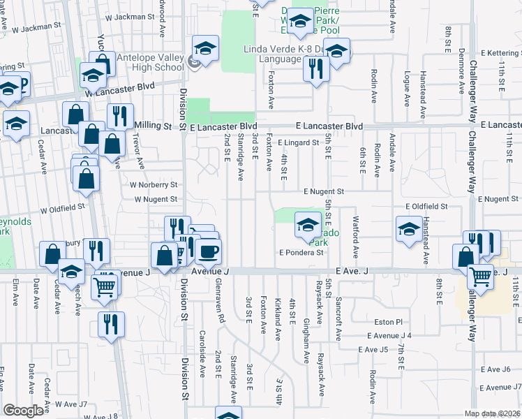 map of restaurants, bars, coffee shops, grocery stores, and more near 44546 East 3rd Street in Lancaster