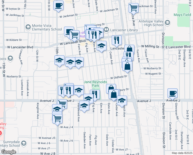 map of restaurants, bars, coffee shops, grocery stores, and more near 44613 Elm Avenue in Lancaster