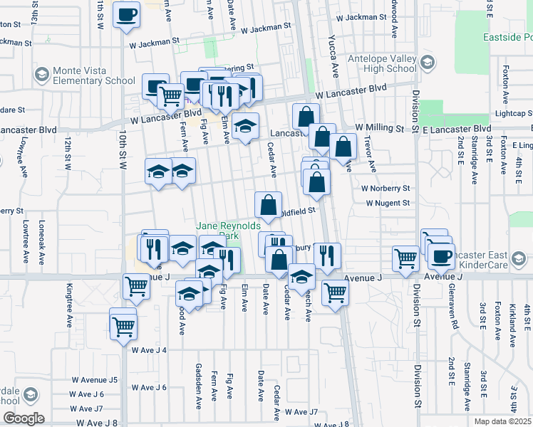 map of restaurants, bars, coffee shops, grocery stores, and more near 619 West Oldfield Street in Lancaster