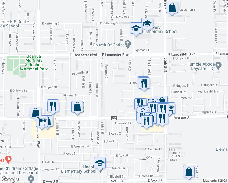 map of restaurants, bars, coffee shops, grocery stores, and more near 44472 15th Street East in Lancaster