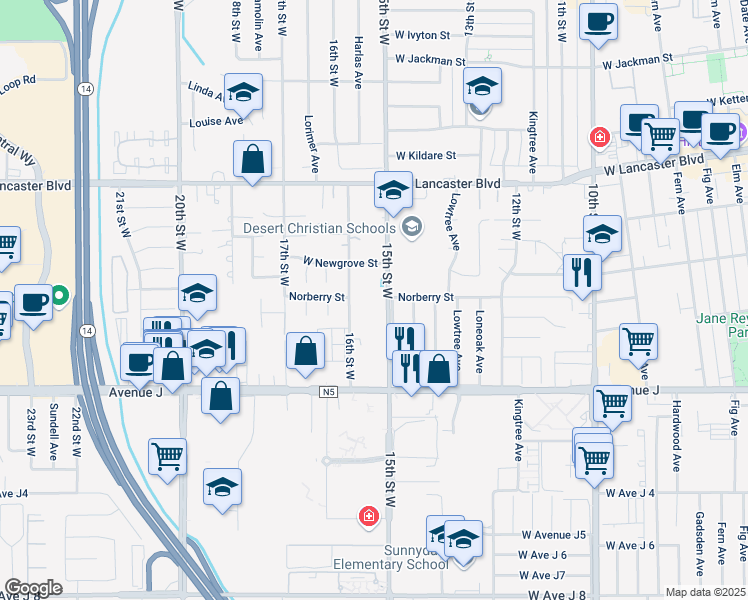 map of restaurants, bars, coffee shops, grocery stores, and more near 44508 16th Street West in Lancaster