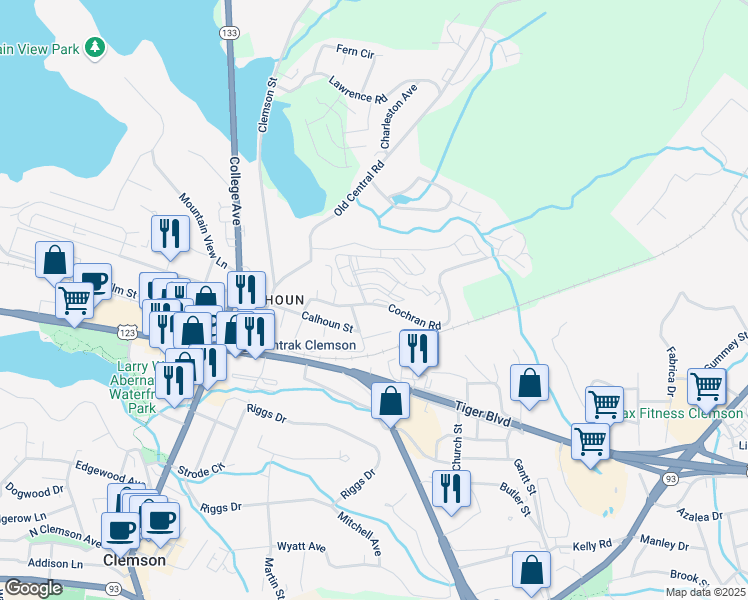 map of restaurants, bars, coffee shops, grocery stores, and more near 110 Cochran Road in Clemson