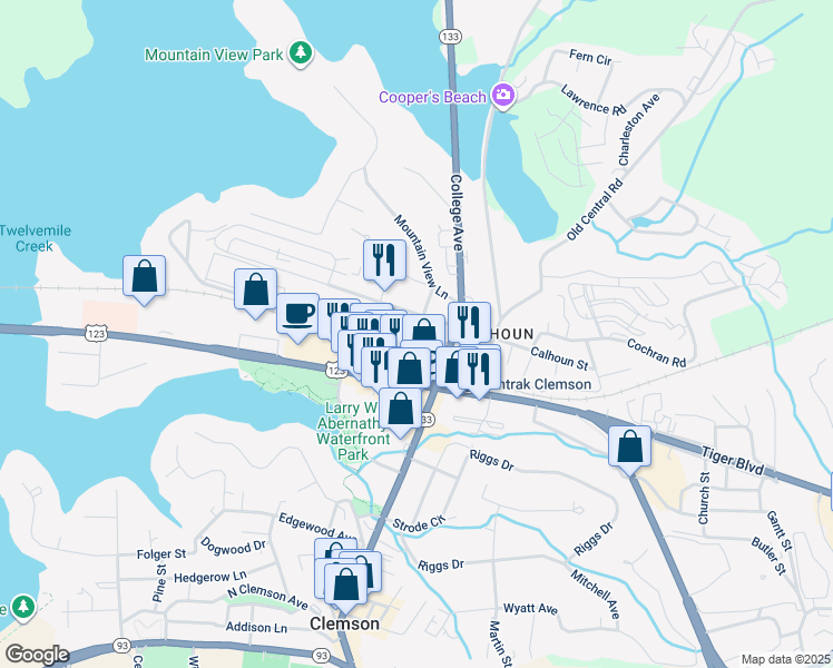 map of restaurants, bars, coffee shops, grocery stores, and more near 112 Elm Street in Clemson