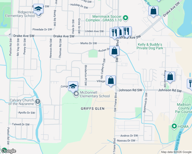 map of restaurants, bars, coffee shops, grocery stores, and more near 3305 Village Drive Southwest in Huntsville
