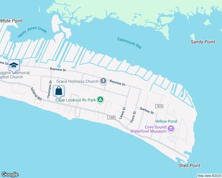 map of restaurants, bars, coffee shops, grocery stores, and more near 385 Diamond City Drive in Harkers Island