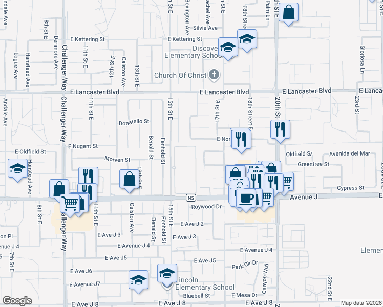 map of restaurants, bars, coffee shops, grocery stores, and more near 44544 15th Street East in Lancaster