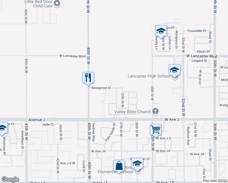 map of restaurants, bars, coffee shops, grocery stores, and more near 44547 Palo Verde Street in Lancaster