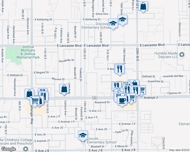 map of restaurants, bars, coffee shops, grocery stores, and more near in Hi Vista