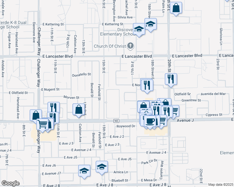 map of restaurants, bars, coffee shops, grocery stores, and more near 44472 15th Street East in Lancaster