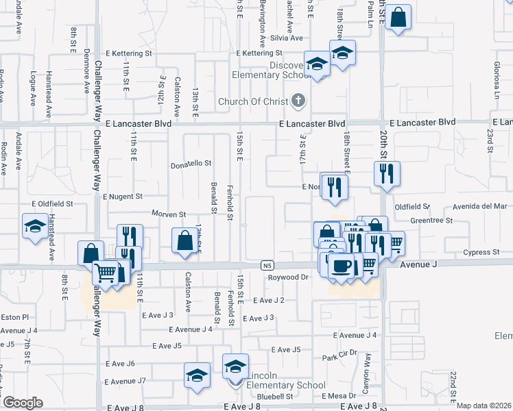 map of restaurants, bars, coffee shops, grocery stores, and more near 44526 15th Street East in Lancaster