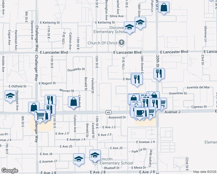 map of restaurants, bars, coffee shops, grocery stores, and more near 44544 15th Street East in Lancaster