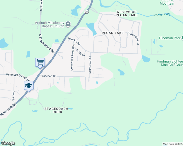 map of restaurants, bars, coffee shops, grocery stores, and more near 9501 Lanehart Road in Little Rock