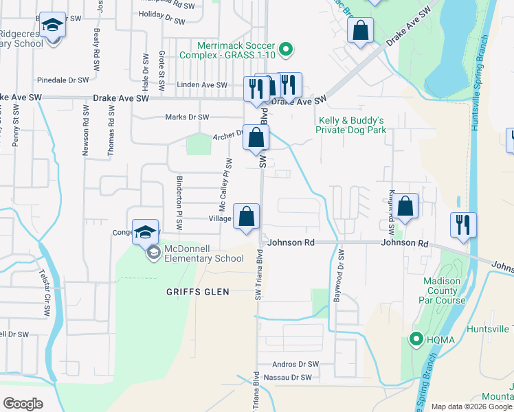 map of restaurants, bars, coffee shops, grocery stores, and more near 4115 Triana Boulevard Southwest in Huntsville