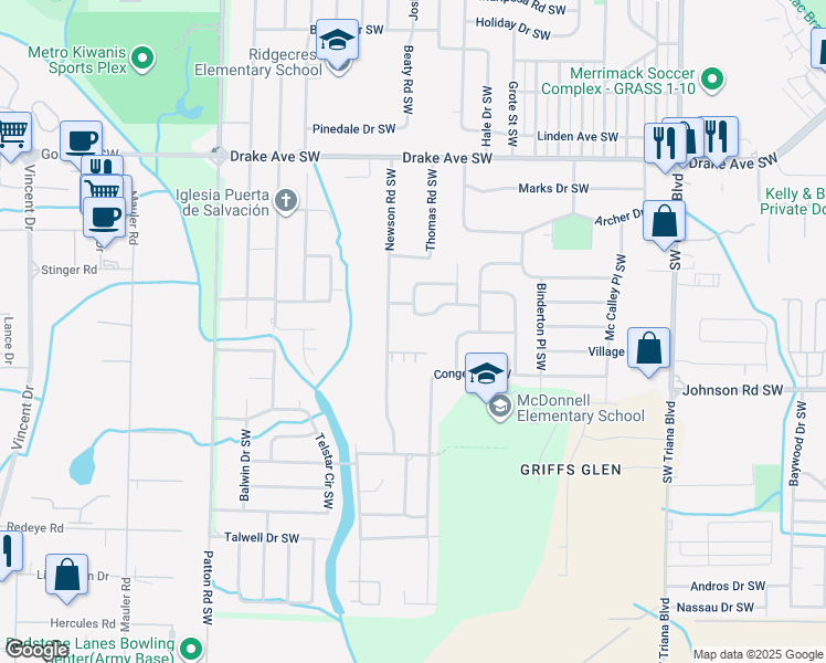 map of restaurants, bars, coffee shops, grocery stores, and more near 4111 Newson Road Southwest in Huntsville