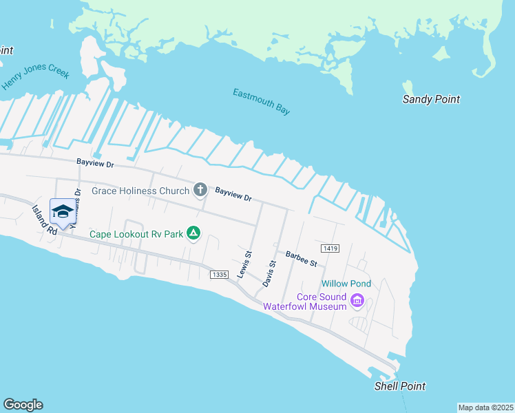 map of restaurants, bars, coffee shops, grocery stores, and more near 215 Lewis Street in Harkers Island
