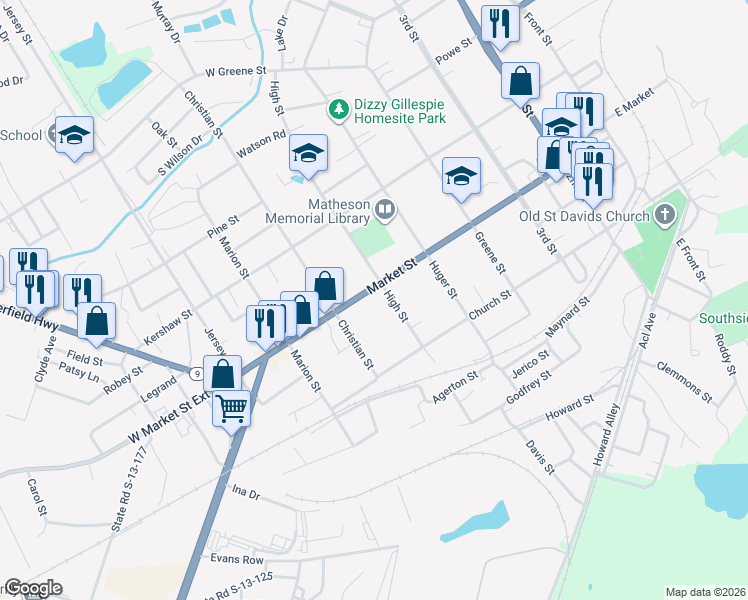 map of restaurants, bars, coffee shops, grocery stores, and more near 116 Christian Street in Cheraw