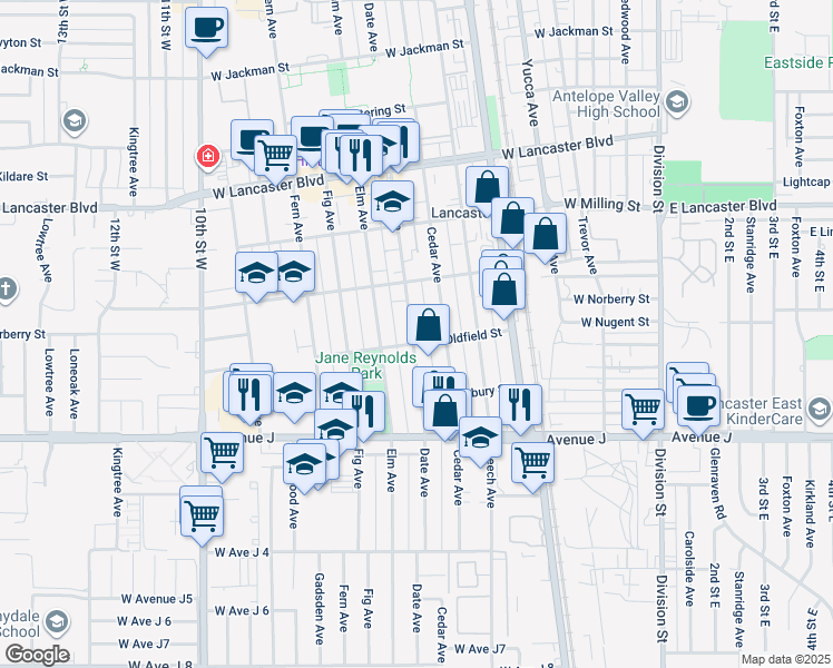map of restaurants, bars, coffee shops, grocery stores, and more near 44606 Date Avenue in Lancaster