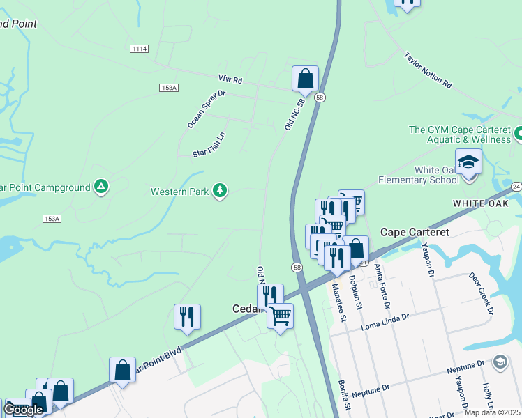 map of restaurants, bars, coffee shops, grocery stores, and more near 239 Old North Carolina 58 in Cedar Point