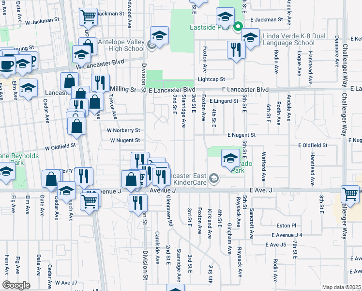 map of restaurants, bars, coffee shops, grocery stores, and more near 44551 Stanridge Avenue in Lancaster