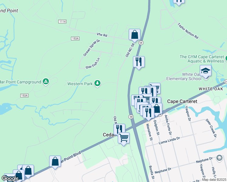 map of restaurants, bars, coffee shops, grocery stores, and more near 239 Old North Carolina 58 in Cedar Point