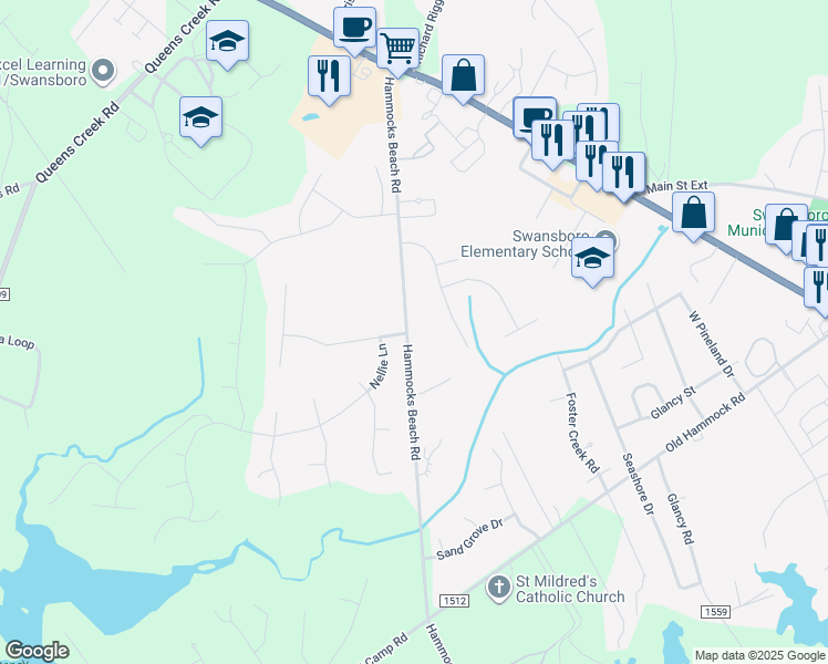 map of restaurants, bars, coffee shops, grocery stores, and more near 1213 Hammock Beach Road in Swansboro