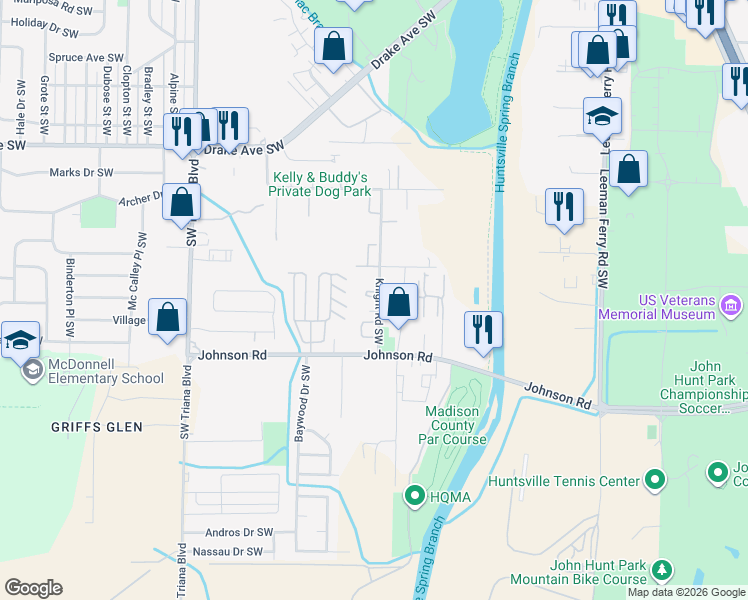 map of restaurants, bars, coffee shops, grocery stores, and more near 2905 Elmore Road Southwest in Huntsville