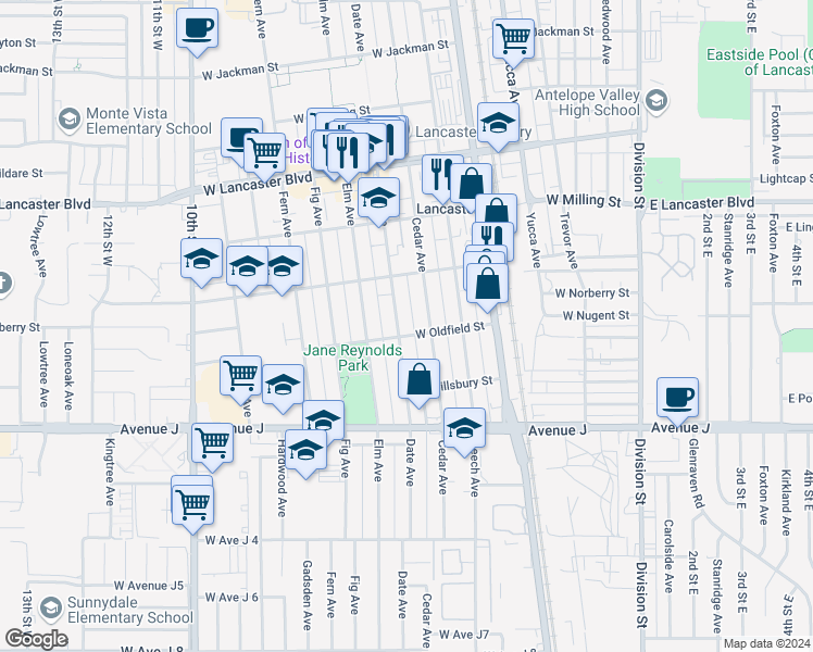 map of restaurants, bars, coffee shops, grocery stores, and more near 44606 Date Avenue in Lancaster