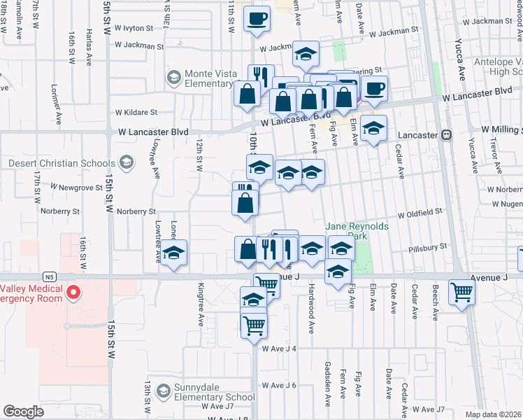 map of restaurants, bars, coffee shops, grocery stores, and more near 937 West Norberry Street in Lancaster