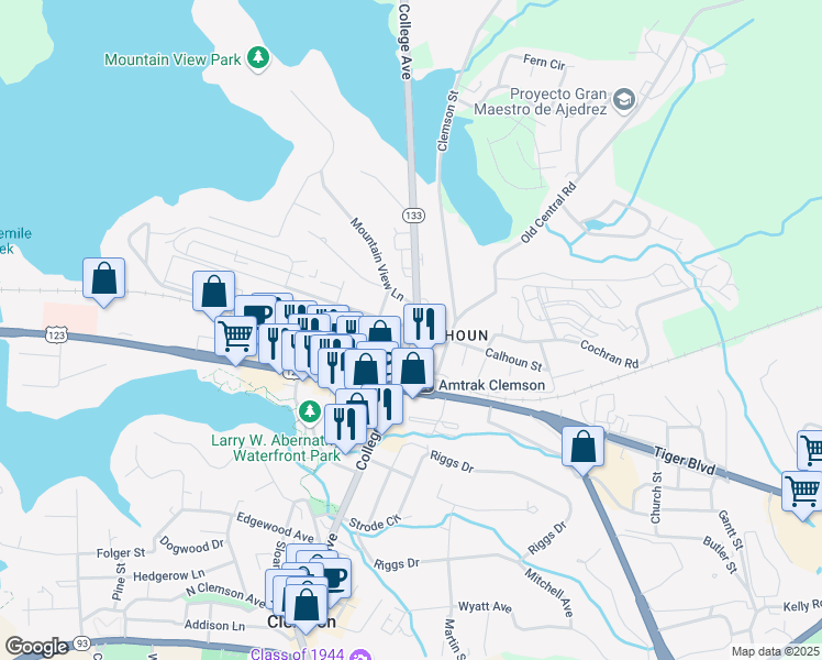 map of restaurants, bars, coffee shops, grocery stores, and more near 699 College Avenue in Clemson