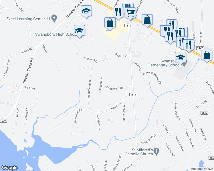map of restaurants, bars, coffee shops, grocery stores, and more near 118 Cormorant Drive in Cape Carteret