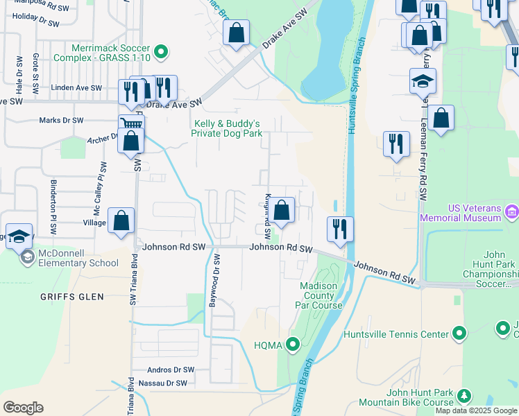 map of restaurants, bars, coffee shops, grocery stores, and more near 2905 Elmore Road Southwest in Huntsville