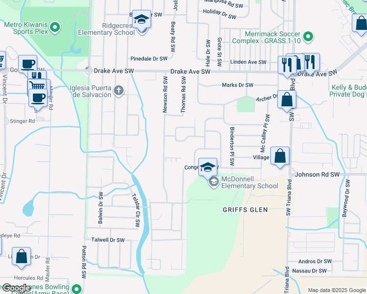 map of restaurants, bars, coffee shops, grocery stores, and more near 3706 South Westdale Court Southwest in Huntsville