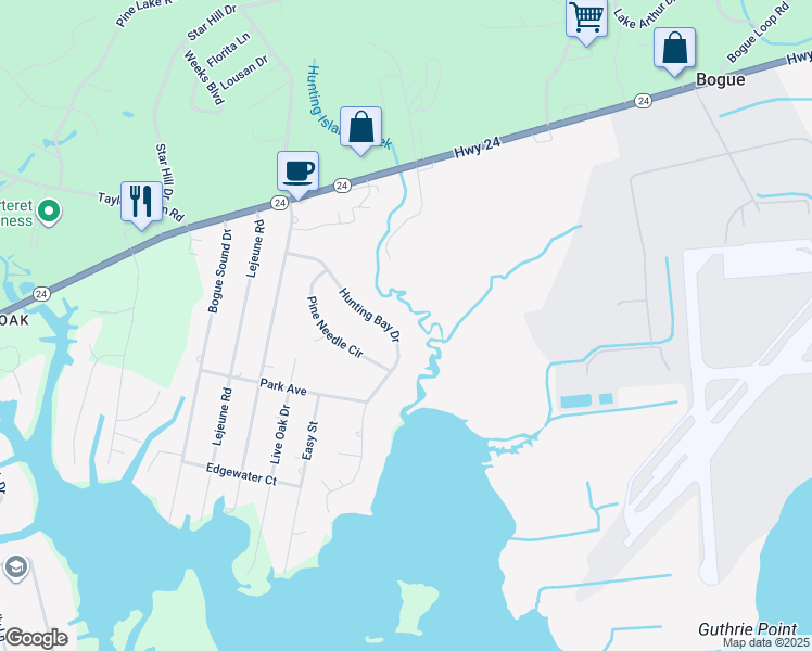 map of restaurants, bars, coffee shops, grocery stores, and more near 148 Hunting Bay Drive in Swansboro