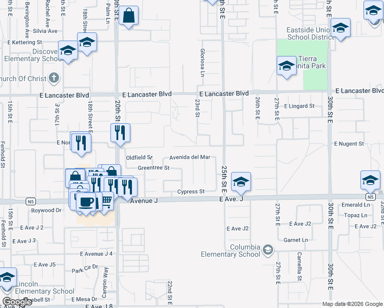map of restaurants, bars, coffee shops, grocery stores, and more near 2255 Avenida del Mar in Lancaster