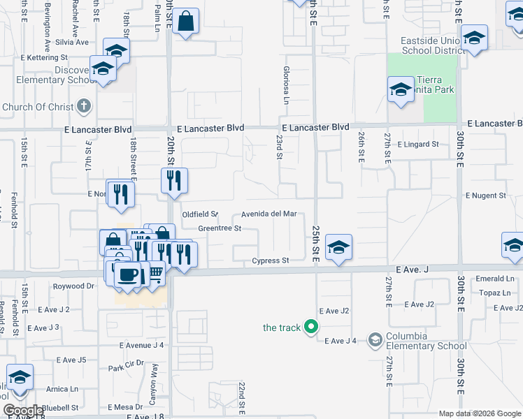 map of restaurants, bars, coffee shops, grocery stores, and more near 2242 East Nugent Street in Lancaster