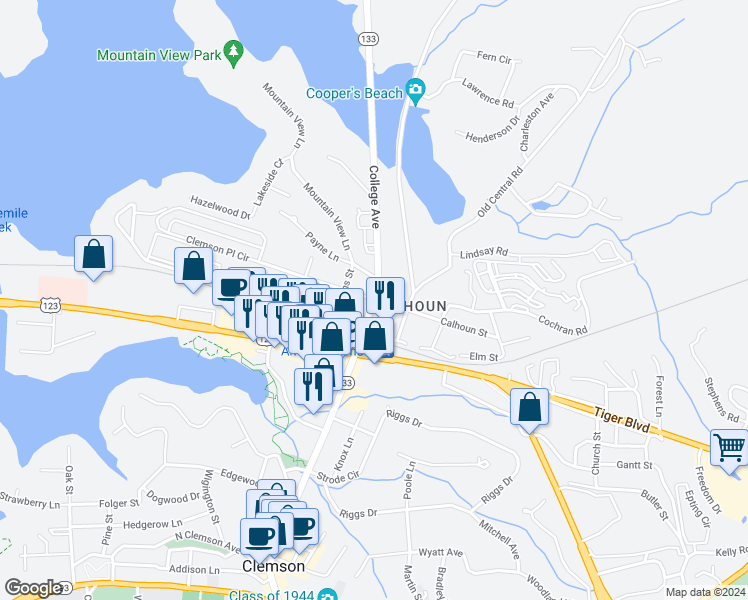 map of restaurants, bars, coffee shops, grocery stores, and more near 698 College Avenue in Clemson