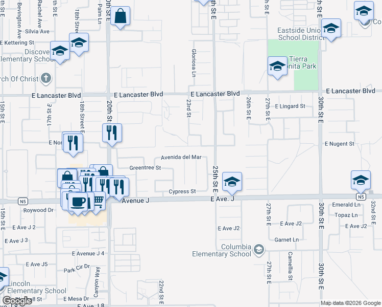 map of restaurants, bars, coffee shops, grocery stores, and more near 2307 Ave Del Mar in Lancaster