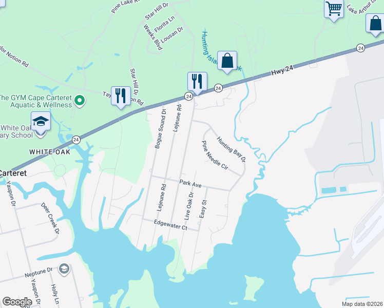 map of restaurants, bars, coffee shops, grocery stores, and more near 120 Bayshore Drive in Cape Carteret