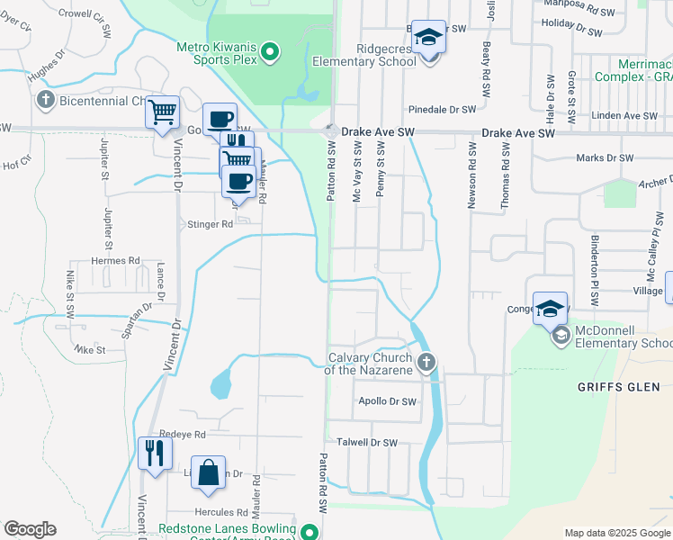 map of restaurants, bars, coffee shops, grocery stores, and more near 4102 Mc Vay Street Southwest in Huntsville