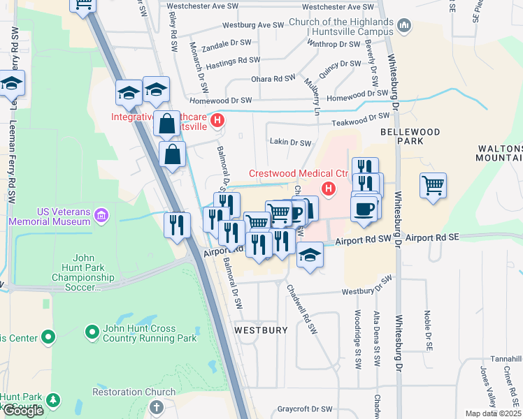 map of restaurants, bars, coffee shops, grocery stores, and more near 1000 Airport Rd SW in Huntsville