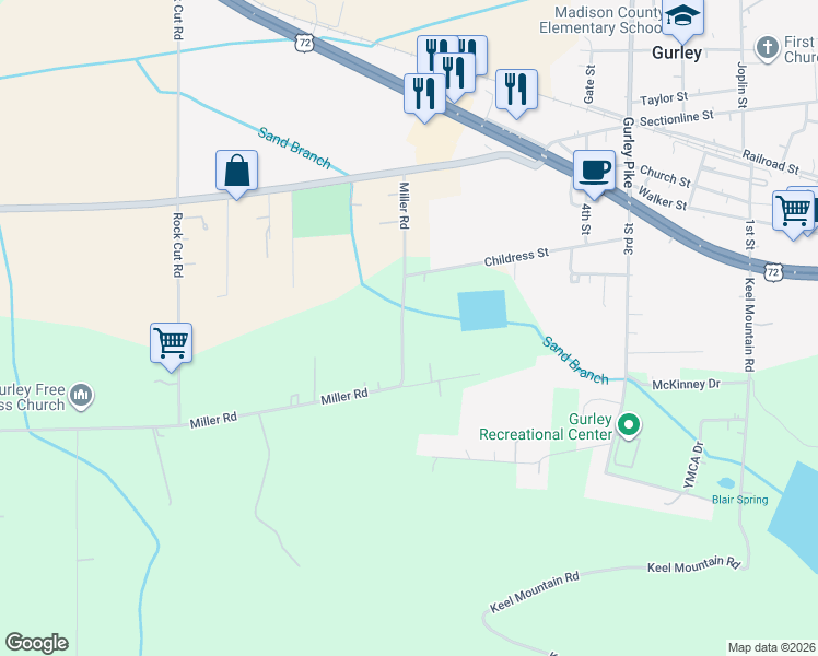 map of restaurants, bars, coffee shops, grocery stores, and more near 221 Miller Road in Gurley