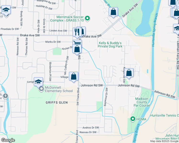 map of restaurants, bars, coffee shops, grocery stores, and more near 4039 Sewall Drive Southwest in Huntsville